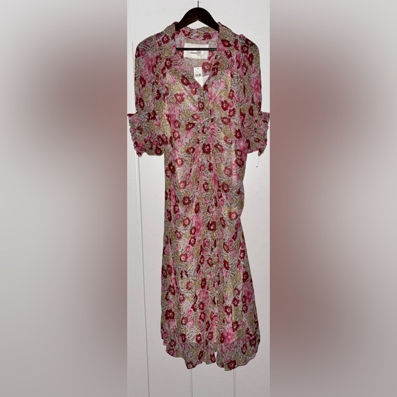 BY Anthropologie Floral Sheer Puff Sleeve Ruched Mesh Midi Shirt Dress SZ 16 NEW - Picture 1 of 11
